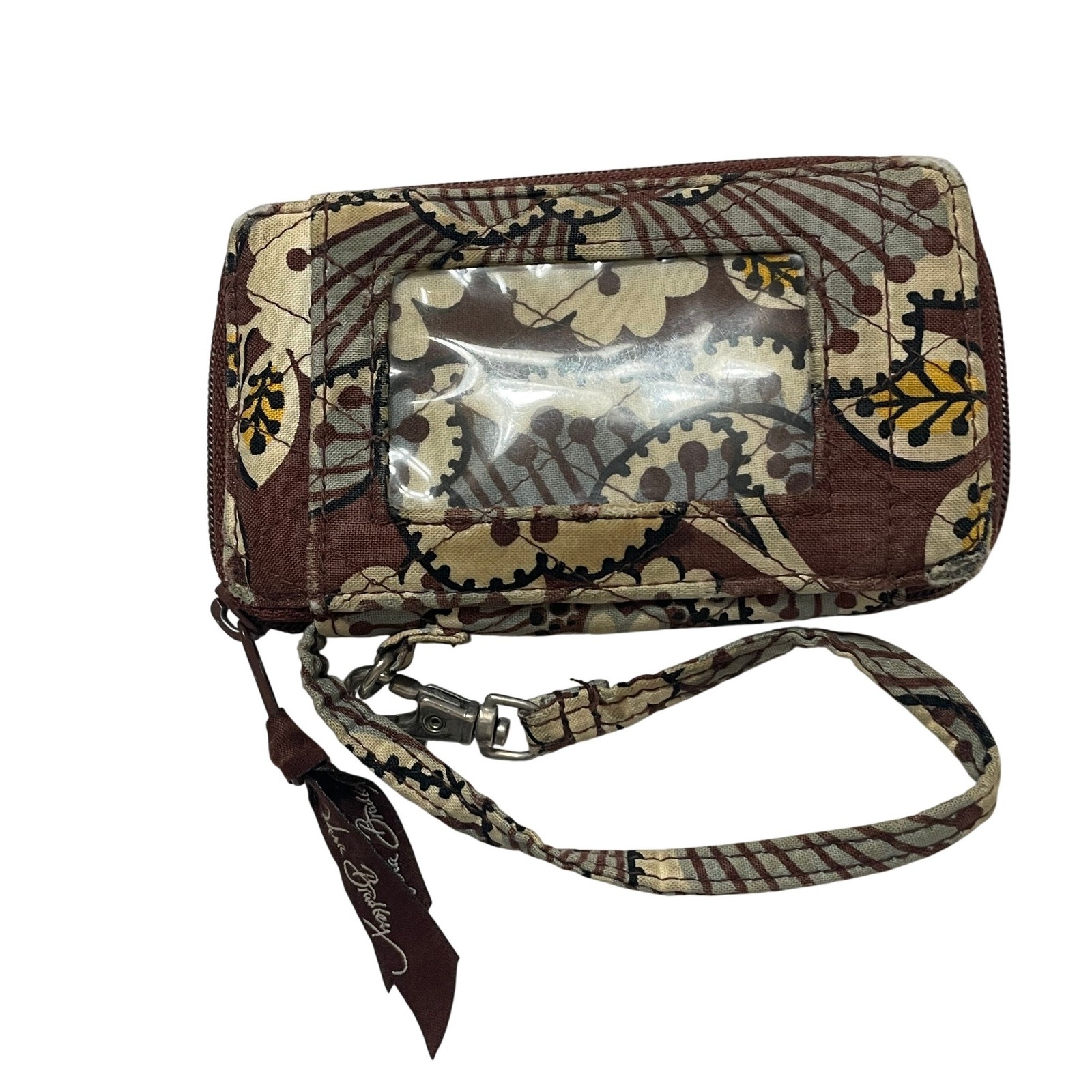 Vera Bradley Wristlet Wallet Zip Around Id Window Travel Organizer Brown Floral